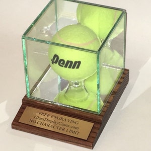 Tennis Ball Personalized Glass Display Case with Solid Oak Wood Base and Mahogany or Black Finish and Custom Stand - Free Engraving