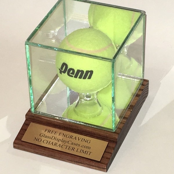 Tennis Ball Personalized Glass Display Case with Solid Oak Wood Base and Mahogany Finish and Custom Stand - Free Engraving