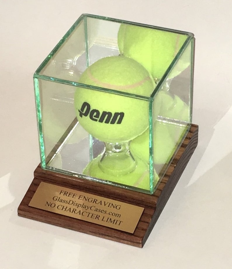 Tennis Ball Personalized Glass Display Case with Solid Oak Wood Base and Mahogany Finish and Custom Stand Free Engraving image 1