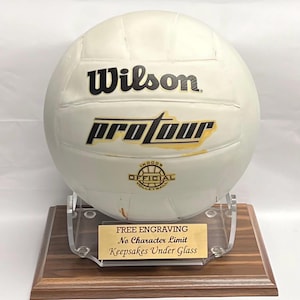 May include: A white Wilson Pro Tour indoor official volleyball displayed on a clear acrylic stand mounted to a rectangular wooden base. A gold-colored metal plaque on the front reads: FREE ENGRAVING, No Character Limit, Keepsakes Under Glass.