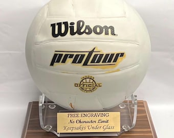 Présentoir de volleyball personnalisé en acrylique, porte-balle personnalisé et base en bois finition noire ou noyer.