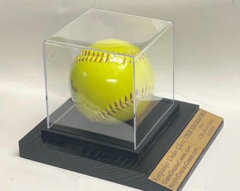 Softball Personalized Engraved Acrylic Display Case for an 11&quot; or 12&quot; Ball.  Custom Ball Stand - Solid Wood Base  - Mahogany or Black Finish