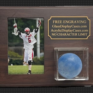 Lacrosse Ball & 5&quot; X 7&quot; Photo Display Case Plaque - Wall Mount - or Desktop Cherry Finish - Personalized Engraved. Free Photo Printing.