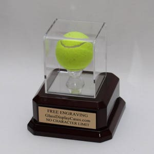 Tennis Ball Personalized Acrylic Display Case with Piano Finish Rose Wood Platform Base -