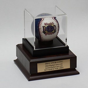 Baseball Personalized Acrylic Display Case with Custom Ball Stand and Cherry or Black Finish Wood Platform Base - Free No Limit Engraving