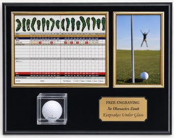 Gepersonaliseerde displaydoos voor golfballen: foto 4x6 inch en scorekaart 6x8 inch, gegraveerd plaatje.