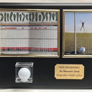 Golfbal 4 x 6 foto - 6 x 8 scorekaartgat in één gepersonaliseerde vitrine Award zwarte of kersenhouten plaat en gratis foto's afdrukken