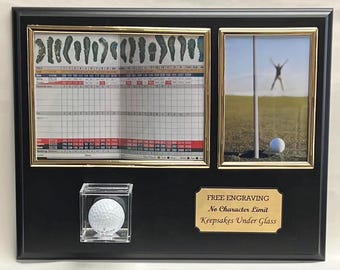 Espositore personalizzato per palline da golf: foto 4x6 e segnapunti 6x8, targa incisa