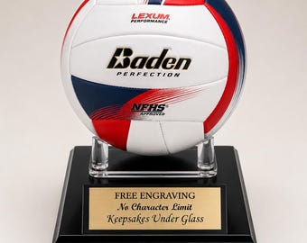 Volleybal gepersonaliseerde acryl displaystandaard, aangepaste balhouder en zwarte of walnoothouten afwerking.