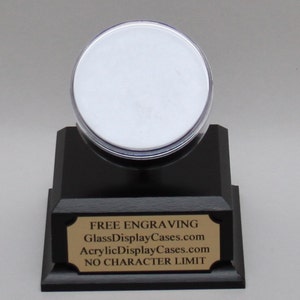 Hockey Puck Acrylic Display Case Round Holder with Cherry or Black Finish Wood Platform Base - Free No Limit Engraving