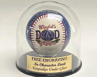 Dôme rond de vitrine de baseball en verre avec base noire et plaque signalétique gravée gratuite