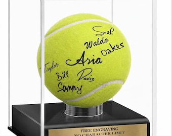 Gepersonaliseerde acrylvitrine voor tennisbal: aangepaste standaard. Gegraveerd naamplaatje.