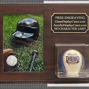Baseball + 4X6 Photo Vertical or Horizontal Display Case Plaque   Wall Mount Cherry Finish - Engraved. Free Photo Printing.