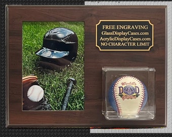 Baseball + 4" X 6" Photo Vertical or Horizontal Choice Display Case Plaque   Wall Mount - Cherry Finish - Engraved