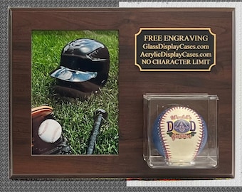 Baseball + 4" X 6" Photo Vertical or Horizontal Choice Display Case Plaque   Wall Mount - Cherry Finish - Engraved