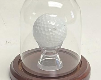 Golf Ball Hole In One Display Case - Round Dome - Walnut Finish Wood Base, Engraved Nameplate