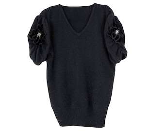 Vintage Black Fuzzy Mohair Floral Velvet Embellished Puff Sleeve V-Neck Sweater size LARGE
