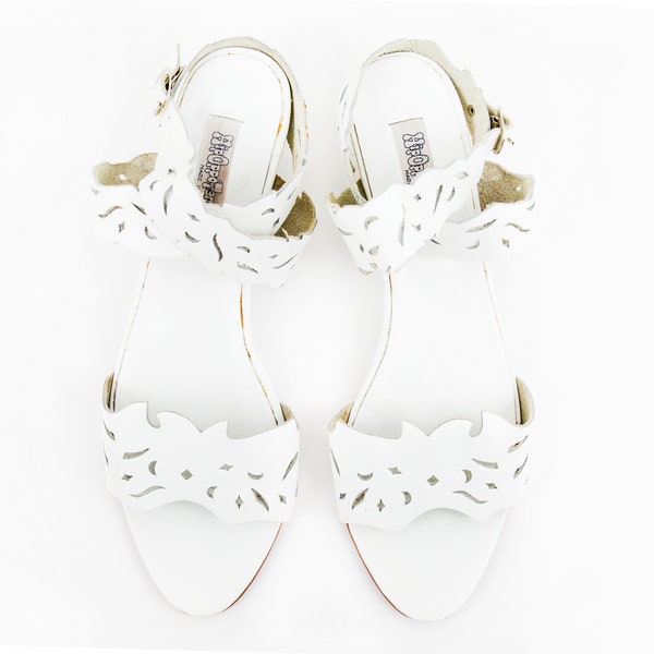 Vintage White Leather Cut Out Ankle Strap Wedge Sandals size US Women's 10B