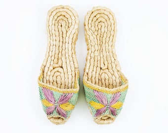 Vintage Woven Raffia Slip On Slide Sandals