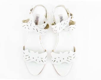 Vintage White Leather Cut Out Ankle Strap Wedge Sandals size US Women's 10B