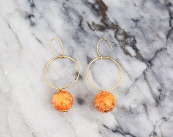 Vintage Coral Swirly Gold Bead Round Drop Earrings