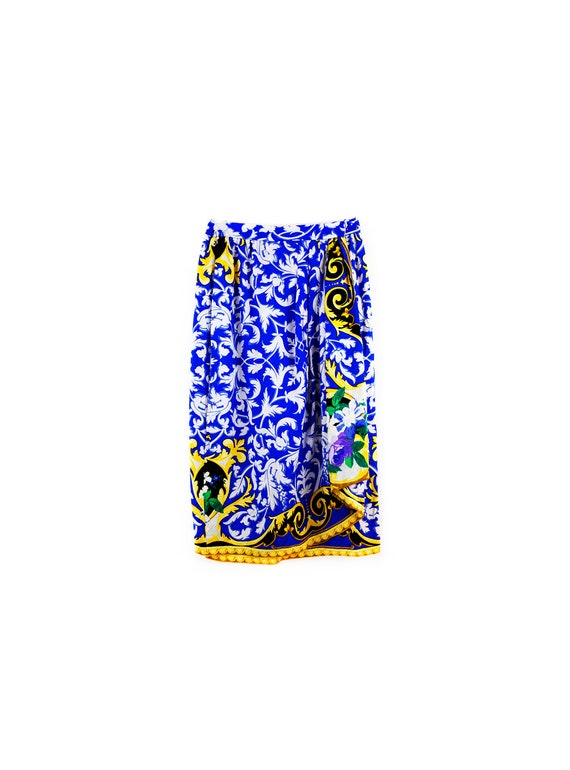 Vintage Blue Silk Abstract Print Wrap Skirt