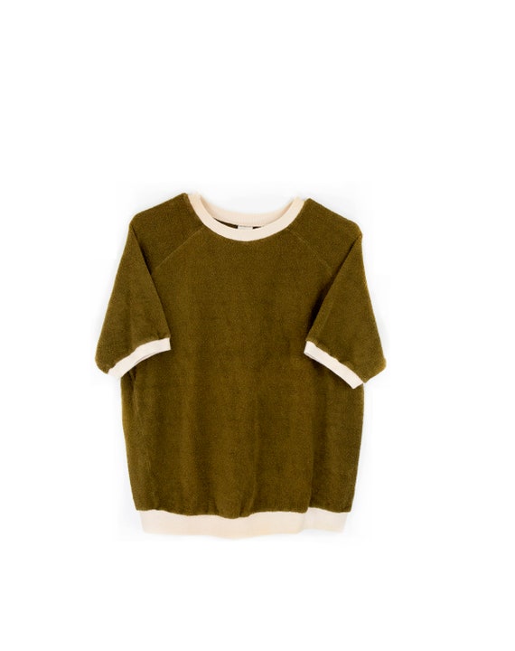 Vintage Olive Green & Cream Trim Terrycloth Top si