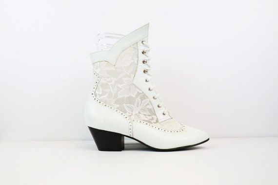 Vintage 80s White Leather & Lace Victorian Style L