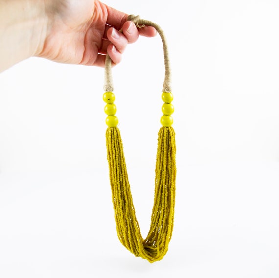 Vintage Yellow Boho Hippie Natural Beaded Necklace - image 10