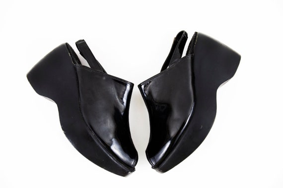 Vintage Black Paten Leather Chunky Wedge Slingback