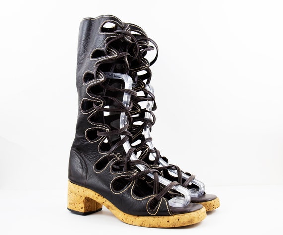 Vintage Chocolate Brown Leather Lace Up Knee High
