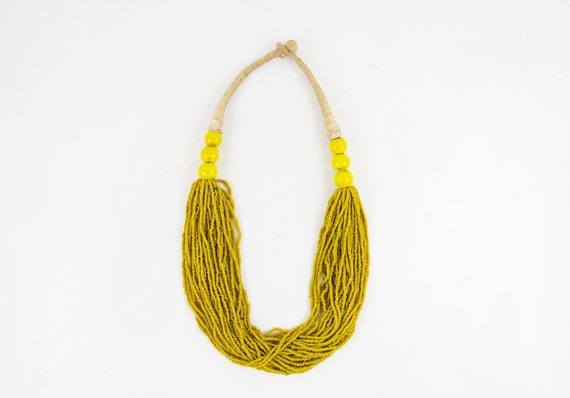 Vintage Yellow Boho Hippie Natural Beaded Necklace - image 1