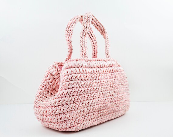 Vintage Pastel Pink Top Handle Crochet Knit Macram