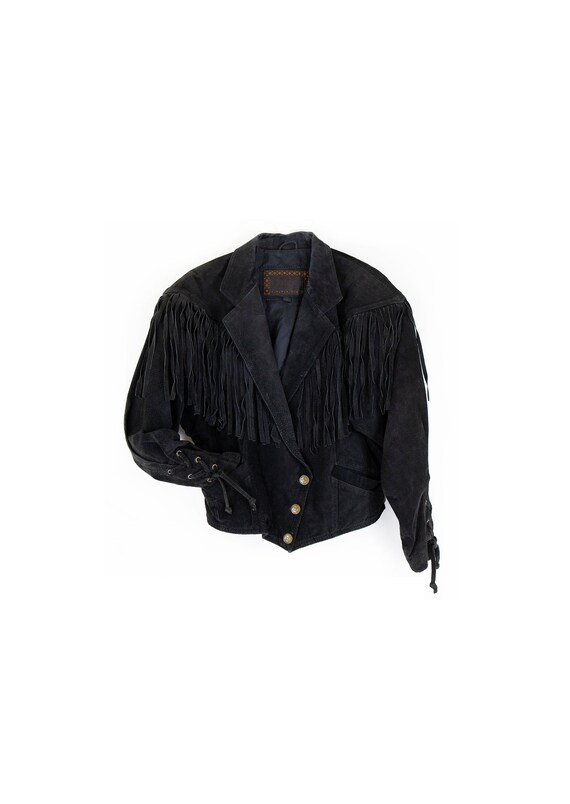 Vintage Black Suede Leather Fringe Snap Button Jac