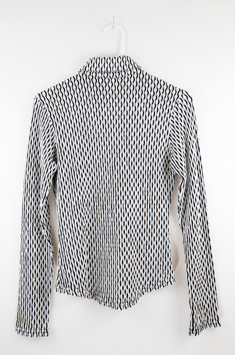 Vintage Black /& White Abstract Design Psychedelic Knit Stretchy Collared Polo ls Top size Small