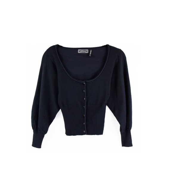 Vintage Black Knit Cropped Balloon Sleeve Cardigan
