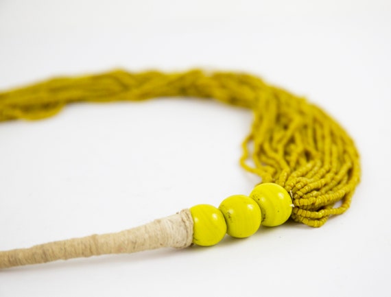 Vintage Yellow Boho Hippie Natural Beaded Necklace - image 9