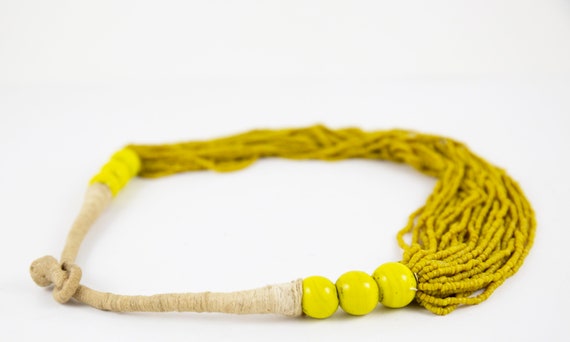 Vintage Yellow Boho Hippie Natural Beaded Necklace - image 8