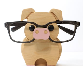 Wood Pig Figure Eyeglass Stand | Ornament Home Decor Gift