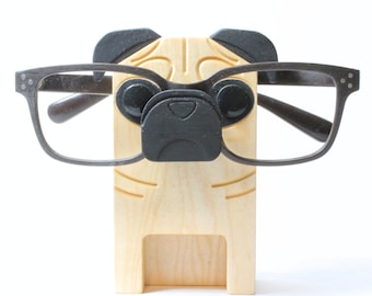 Wood Pug Figure Eyeglass Stand / Glasses Holder