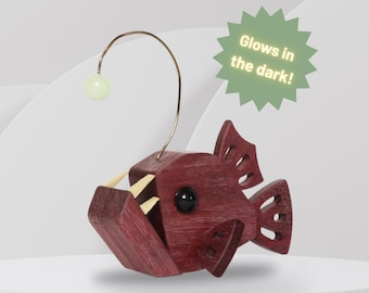 Glow in the Dark Anglerfish Ornament | Purpleheart Wood, Natural Gemstone