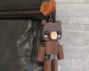 Engraved Wood Heart Bear Keychain: Personalized Bag Charm