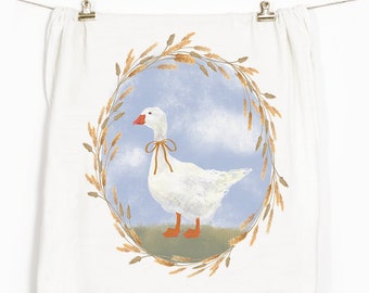 Goose Illustration Flour Sack Tea Towel: Cottagecore Kitchen Decor