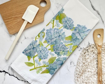 Blue Hydrangea Flour Sack Tea Towel: Floral Kitchen Decor, Mothers Day Gift