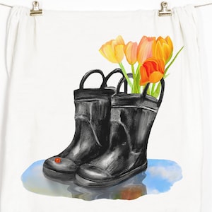 Tulips in Rainboots Tea Towel: Cotton Flour Sack Dish Towel