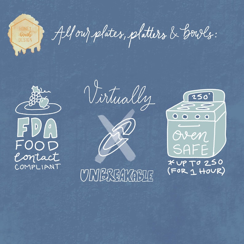 Puede incluir: Fondo azul con texto e ilustraciones. El texto dice "All our plates, platters & bowls:" y "FDA FOOD CONTACT COMPLIANT". Una ilustraci&oacute;n de horno indica que es apto para horno hasta 121 grados Celsius durante una hora. La palabra "Irrompible" est&aacute; tachada.