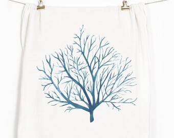 Fan Coral Flour Sack Tea Towel: Coastal Kitchen Decor