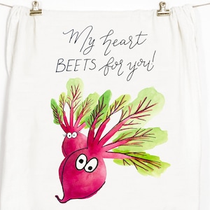 Heart Beets Flour Sack Tea Towel: Valentine&#39;s Day Kitchen Decor