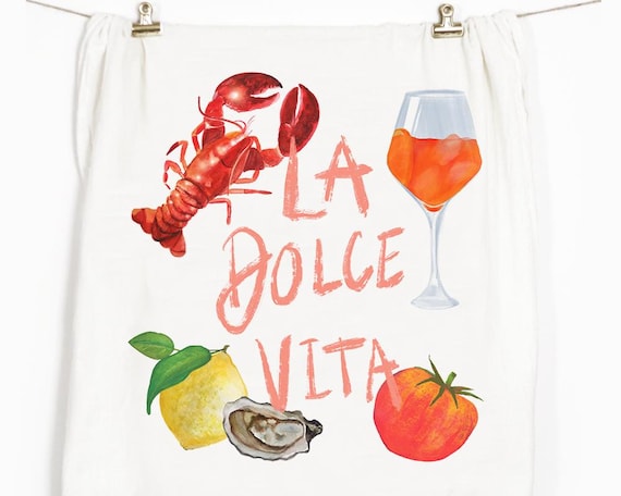 La Dolce Vita Tea Towel, Illustrated Italian Foods Dish Towel