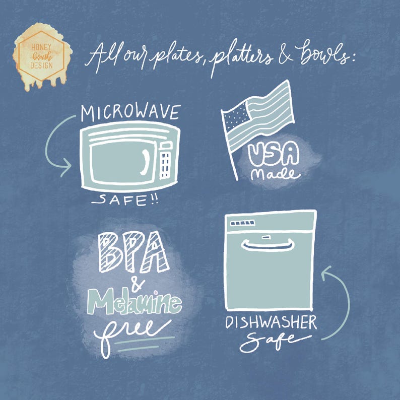 Puede incluir: Ilustraci&oacute;n sobre fondo azul con texto y dibujos. El texto dice: "Todos nuestros platos, fuentes y cuencos: &iexcl;Apto para microondas! Sin BPA ni melamina. Hecho en EE. UU. Apto para lavavajillas."